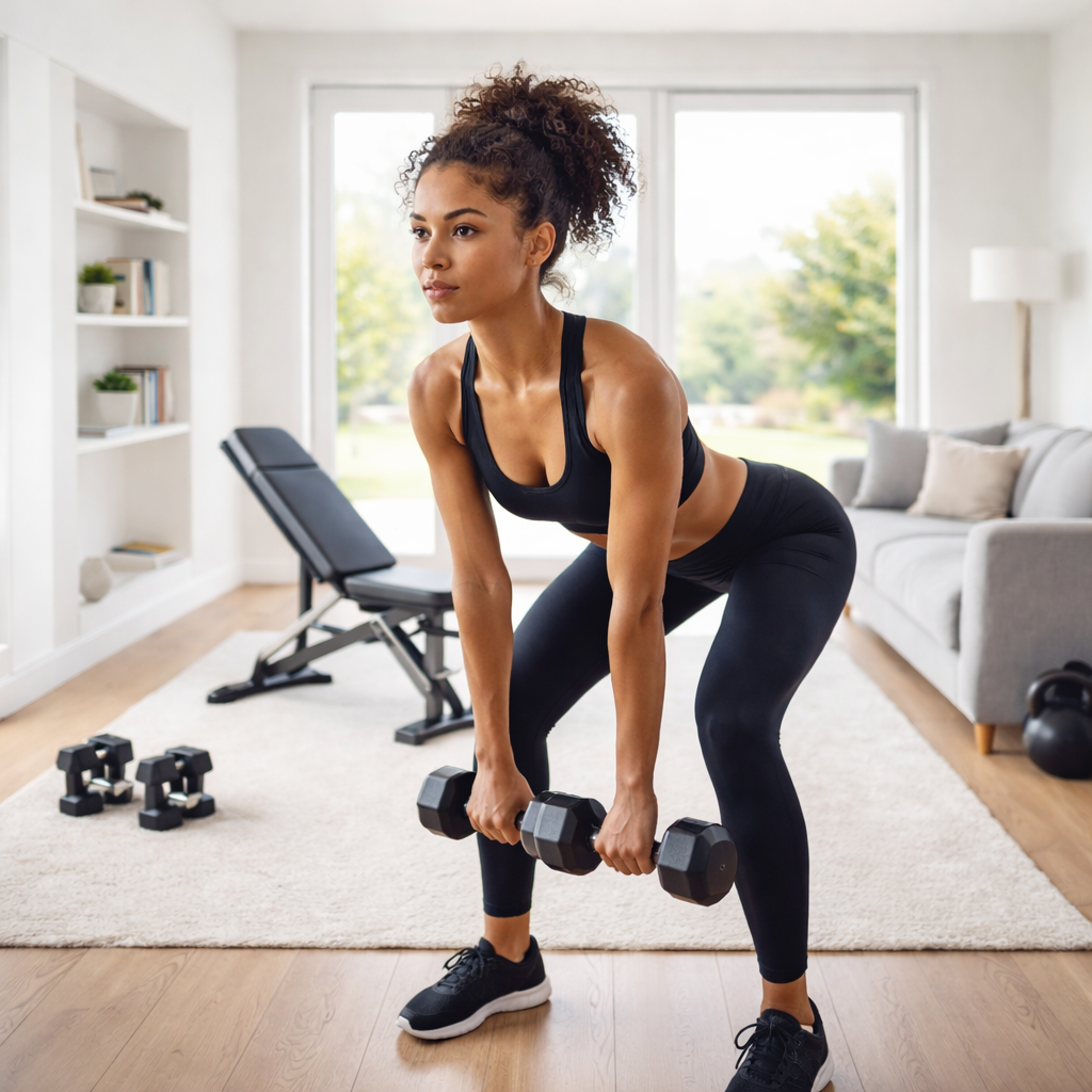 Mujer entrenando en casa con banco de ejercicio multifuncional en Medellín, entrenamiento de fuerza y fitness funcional