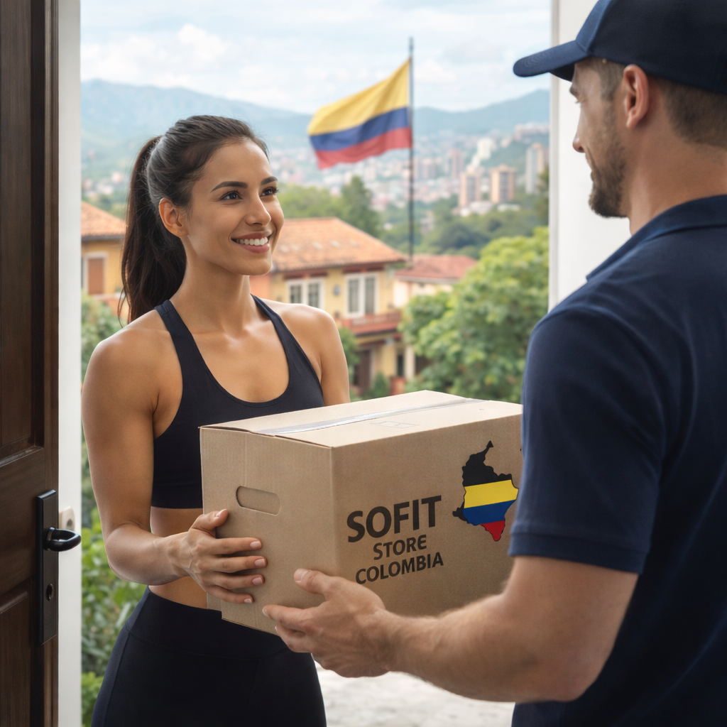 Envíos a todo Colombia de banco de ejercicio multifuncional Sofit Store, cliente recibiendo equipo deportivo en casa.